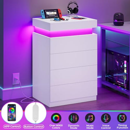 ADORNEVE White Night Stand Set of 2 with Sliding Top | Nightstand with Charging Station & LED Light,Bedside Table with Drawers,Modern Bed Side Tables Bedroom - color: White, size: 2PC