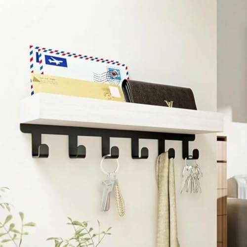 Wall Mounted Key Hanger with Shelves - Decorative Mailing Organizer with Key Hook for Entrance Entrance, Frosted Wood with Mounting Hardware (White, 9.64" W x 2.36" H x 2.75" L, 6) - color: White, size: 9.64" W x 2.36" H x 2.75" L