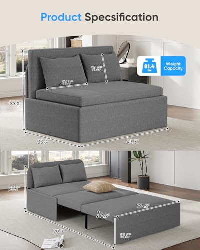 43.3" Twin Size Pull Out Sofa Bed，3-in-1 Linen Convertible Sleeper Sofa Bed,Loveseat Pullout Bed with Pillows and Tri-fold Mattress for Small Space/Bedroom,Light Grey - color: Light Grey, size: Twin