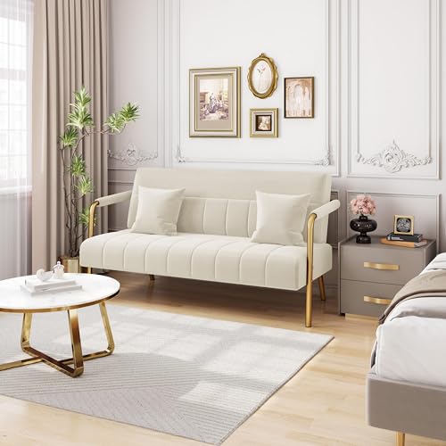 Yaheetech 56.5" Smal Sofa 2 Seater Couch with Gold-Tone Legs, Beige | Small Sofa Loveseat Velve 2 Seater Couch with Tufted Back Gold Metal Frame 2 Pillows for Office, Studio,Living Room - color: Beige, size: 56.5" W