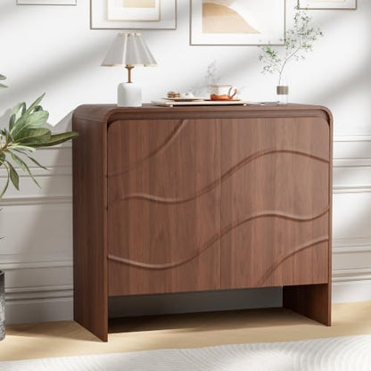 Godchoices 31.5'' Small Sideboard Buffet Cabinet with Storage,Modern Farmhouse Accent Credenza with Wavy Doors & Adjustable Shelf, Console Cabinet for Kitchen,Living Room,Dining Room,Entryway,Hallway - color: Walnut