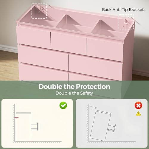 Jocoevol Modern Pink 7 Drawer Dresser for Bedroom, Simply Chest of Drawers, Wood Storage Dresser with Deep Drawers for Living Room Hallway Entryway, Pink - color: Pink
