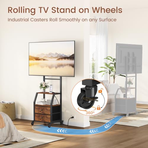Snughome Rolling TV Stand for 32-55 Inch TVs, Mobile TV Stand with Wheels | With Mount, 2 Fabric Storage Drawers & Power Outlet, Sturdy Steel Frame,Entertainment Center for Bedroom, Living Room
