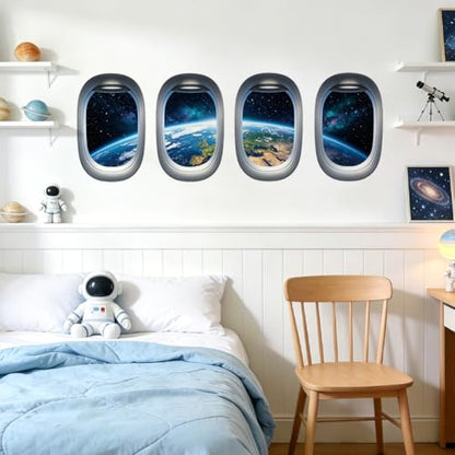 Porthole Earth and Universe Wall Decals, Wall Stickers Decor | 2 Sheets 11.8"x37.8" Vinyl Removable Peel and Stick Murals, Plant Decor for Bedroom, Bathroom, Office, Classroom & Home - style: Porthole Earth and Universe
