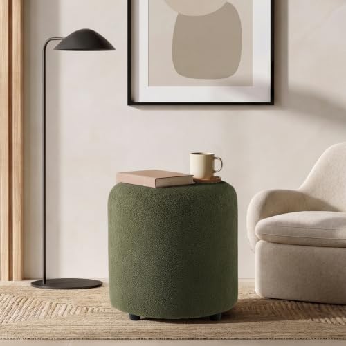 Modern Round Vanity Stool, Small Ottoman, Cute Fabric Foot Stool, Teddy Fleece Footrest, Upholstered Vanity Chair, Stool for Makeup, Bedroom, Living Room (2, Round-Dark Green) - color: Round-dark Green