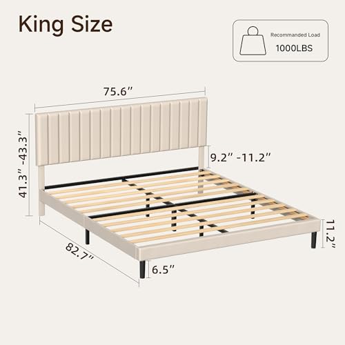 King Velvet Bed Frame with Vertical Channel Tufted Headboard Beige | Upholstered Platform Bed, No Box Spring Needed, Noise-Free, Strong Wooden Slat, Durable Metal Frame, Easy Assembly - color: Beige, size: King