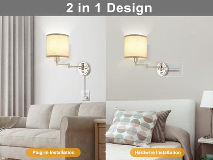 Plug in Wall Sconces with Remote Control, Dimming & Adjustable Colors 2700K-6500K, Hardwire or Plug-in, Swing Arm Wall Lamp with Linen Fabric Shade, Wall Sconces Set of Two, Brushed Nickel Finish - color: Brushed Nickel & Linen