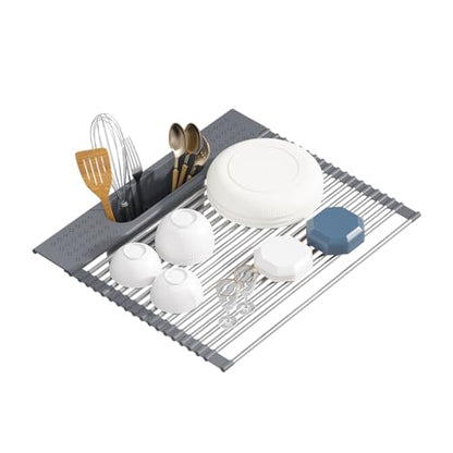 Roll Up Dish Drying Rack Over Sink, 17.5" x 15.2" Foldable SUS304 Stainless Steel Kitchen Dish Drainer, Heat-Resistant Multipurpose Rolling Sink Rack Organizer,Grey - size: Grey（17.5" X 15.2"）