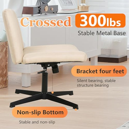 FDW Criss Cross Chair Armless Cross Legged Office Desk Chair Adjustable Swivel Ergonomic Desk Chair No Wheels U Shaped Backrest with Wide Seat Native Sponge Computer Task Vanity Chair for Home Office - color: Cream, style: Without Wheels