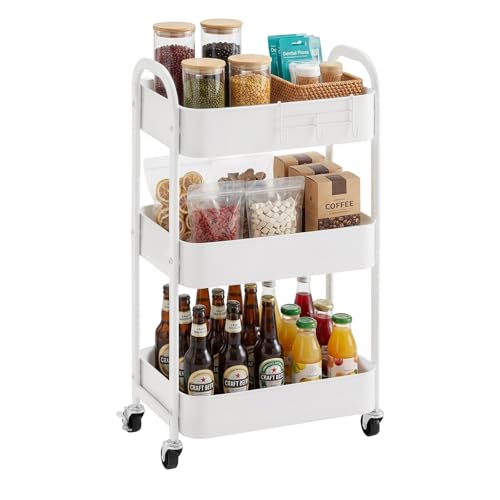 3-Tier Rolling Utility Cart with Caster Wheels,Easy Assembly, White | Easy Assembly, multi-purpose storage trolley for kitchen, rolling cart with smooth caster wheels for bathroom - color: White, size: 3-Tier Standard Cart