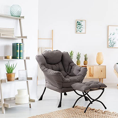 Lazy Chair with Ottoman, Comfy Accent Reading Chair, Dark Grey | Foldable Footrest,Removable Cover,with Armrests and Side Pockets,Upholstered Lounge Chair for Bedroom,Dorm,Office,Small Space - color: Dark Grey