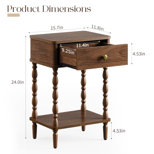 Yoobure Small Side Table with Drawer - Walnut Night Stand with Wood Legs | Accent Nightstand Bedside Table for Bedroom, Mid Century Modern End Tables Living Room, Vintage Side Tables for Small Space - color: Walnut