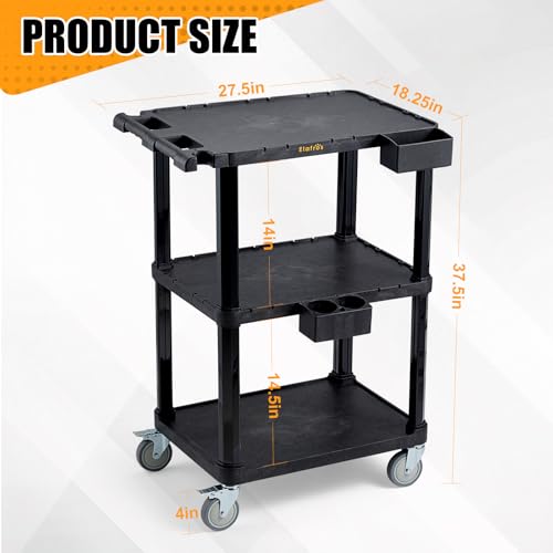 3-Tier Heavy Duty Flat Top Rolling Utility Cart, 27.5 x 18.25 in | 330 lbs Capacity, Flat Top Shelves, Industrial Plastic, Swivel Wheels, Multipurpose Work Cart, Service Tool Organizer - style: Standard