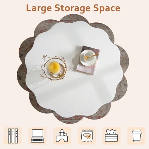 Modern White Scalloped Coffee Table 31.5" Round Wood Center Table Wave-Shape Coffee Tea Tables with Pedestal Base for Living Room Apartment Small Space (White) - color: White