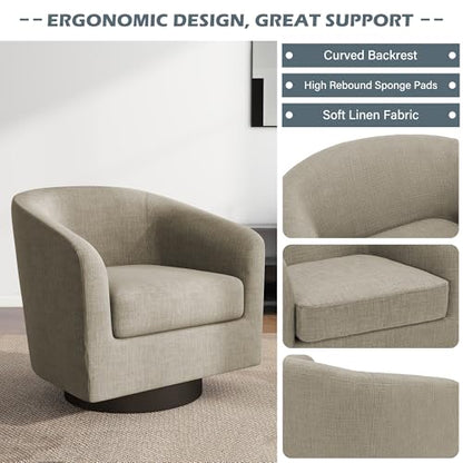 Swivel Accent Chair, Fabric Upholstered Barrel Club Chair, Light Brown | Modern Round Armchair | Comfy Reading Seat with Removable Cushion | For Living Room, Bedroom, Office - color: Flax Light Brown