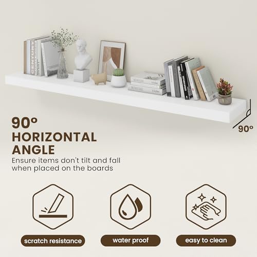 72 Inch Floating Shelves, 12'' Deep White Shelves for Wall Set of 2 | Invisible Brackets, Engineered Wood, Mounting Hardware Included, 60LBS, Bathroom, Laundry Room, Kitchen, Living Room - color: White, size: 72W x 11.6D x 2H, 2 Pack