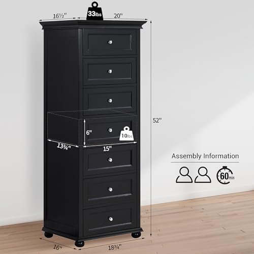 Tall Black Dresser for Bedroom with 7 Drawers, 52" Tall Skinny Dresser | Modern Black Tall Chest of Drawers Dresser，Wooden Lingerie Dresser Tall Narrow，Crown Molding and Solid Wood Ball Legs - color: Black