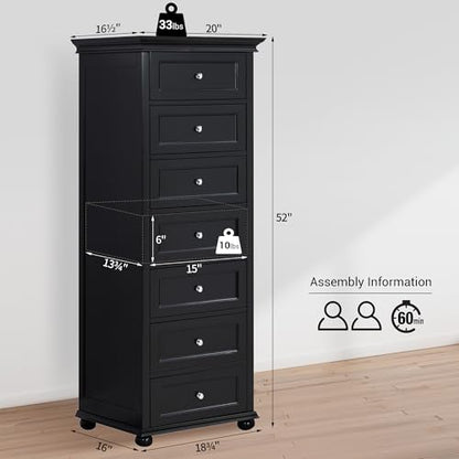 Tall Black Dresser for Bedroom with 7 Drawers, 52" Tall Skinny Dresser | Modern Black Tall Chest of Drawers Dresser，Wooden Lingerie Dresser Tall Narrow，Crown Molding and Solid Wood Ball Legs - color: Black