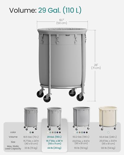 SONGMICS Laundry Basket, Rolling Steel Frame with 2 Locking Wheels, 110 L | Heavy-Duty Laundry Hamper Cart with Removable Bag, Gray and Metallic Silver, URLS002G01 - color: Gray + Metallic Silver, size: 110 L (1-Section)