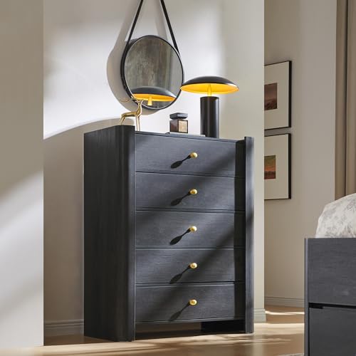 IFGET Modern 5 Drawer Dresser for Bedroom, Wooden Chest of Drawers with Curved Profile Design, 39.6" Tall Wood Dresser with Golden Metal Handle for Bedroom, Living Room, Hallway, Dark Grey