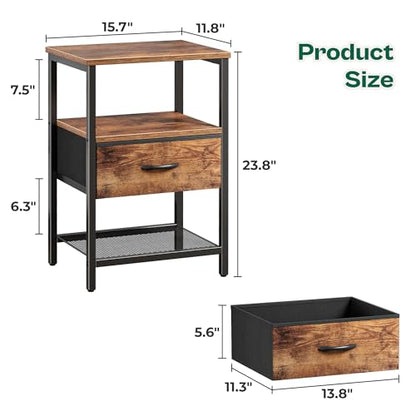 Huuger Night Stand with Fabric Drawer, Side Table with Mesh Shelf, Bedroom Nightstand, Fabric Drawer Dresser, Open Shelf, Metal Frame, Couch Side, Rustic Brown | Bedroom Nightstand, Fabric Drawer Dresser, Open Shelf, Metal Frame, Couch Side, Rustic Brown