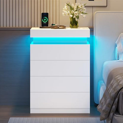 ADORNEVE White Night Stand Set of 2 with Sliding Top | Nightstand with Charging Station & LED Light,Bedside Table with Drawers,Modern Bed Side Tables Bedroom - color: White, size: 2PC