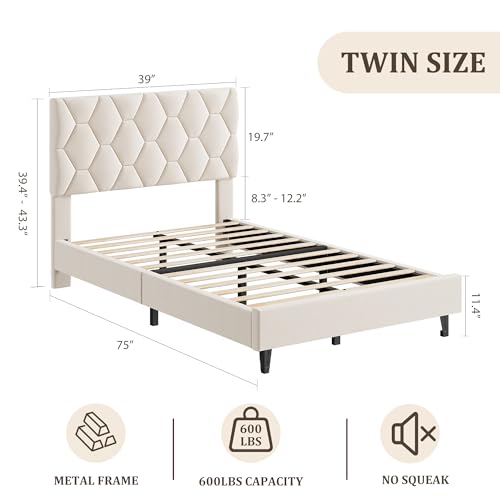 GAOMON Beige Twin Upholstered Bed Frame, Heavy-Duty Platform Bed Frame with Upholstered Headboard & Strong Wood Slats, No Box Spring Needed/Noise Free/Easy Assembly | Heavy-Duty Bed Frame with Wooden Slats Support Upholstered Mattress Foundation No Box Sp