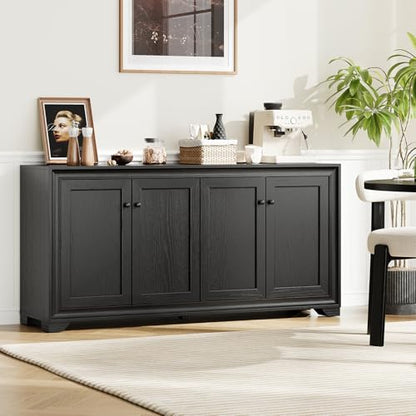 60" Buffet Cabinet with Storage, 4 Doors & Adjustable Shelves Black | Credenza Sideboard Cabinets Wood with Adjustable Shelves, Modern Kitchen Coffee Bar Table for Dining Living Room, Entryway - color: Black