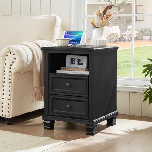 Farmhouse Side Table with Charging Station, Black | Antique Nightstands for Bedroom with Drawers, Bedside Table with Open Shelf & Thickened Top & Square Wooden Legs - color: Black, size: 18"D x 18"W x 25"H (2 Drawers)
