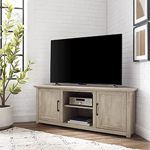 Victorian Vibes 58" Corner TV Stand: Frosted Oak Finish, Adjustable Shelves, Fits TVs up to 65", Rustic Style, 22" H