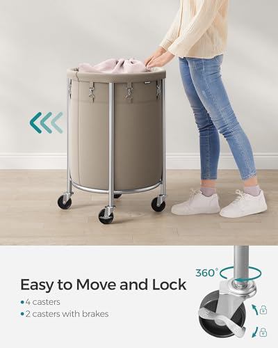 SONGMICS Laundry Basket, Rolling Steel Frame with 2 Locking Wheels, 110 L | Heavy-Duty Laundry Hamper Cart with Removable Bag, Camel Brown and Metallic Silver, URLS002N01 - color: Camel Brown + Metallic Silver, size: 110 L (1-Section)