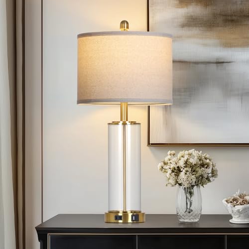 Ruzectt 26" Glass Table Lamp Single, 3-Way Dimmable Touch Control Living Room Lamp with USB C+A Ports & AC Outlet, Modern Bedside Lamps, Bedroom Lamps for Nightstand Side End Table Desk, Gold-1PK - color: Gold-1PK