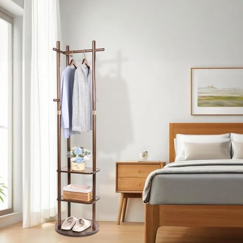 Wood Coat Rack Freestanding Rotary Coat tree with 3 Shelves and 5 Hooks | 4 Swivel Wheels Heavy Duty Clothing Rack Coat Hanger Stand for Corner Entryways Living Rooms and Bedrooms, Walnut