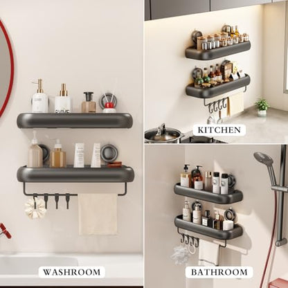 CICUFY Shower Caddy Suction Cup, 2 Pack No Drilling Corner Shower Shelves, Rust Proof Bathroom Storage Organizer, Shower Corner Caddy with Removable Hooks and Towel Bar, Square, Grey - style: Square Gray (2 Pack )