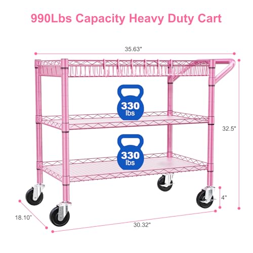 Pink Rolling Utility Cart with Wheels, 990Lbs Heavy Duty Metal Cart with Handle & Shelf Liners, NSF Certified 3-Tier Storage Trolley for Esthetician, Kitchen, Salon & Craft Room, Pink - color: Pink-3 Tier