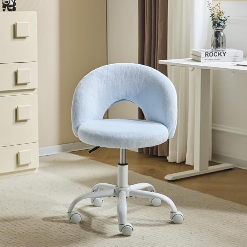VINGLI Small Vanity Chair with Faux Fur Wheels for Girls,Cute Adjustable Height Armless Office Desk Chair,360°Swivel Comfy Rolling for Study,Make up Room,Small Space,Blue - color: Furry Blue
