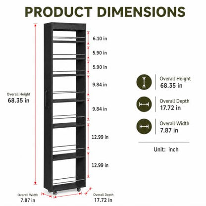 7-Shelf Tall Narrow Storage Cabinet with Wheels, 71 Inch, Black | Slim Pull-Out Organizer, 7.87 Inch Wide for Small Spaces Between Washer/Dryer, Kitchen, Bathroom and Laundry Room - color: E-black