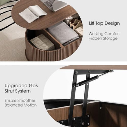 SULIVES Oval Coffee Table with Storage, Multifunctional Lift Top Drum Coffee Table, Small Fluted Center Table for Living Room, Walnut - color: Walnut_oval