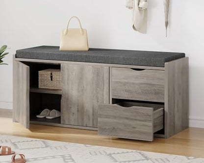 LVB 2-Tier Storage Bench with Padded Cushion, Entryway Bench with 2 Drawers | 2 Barn Doors & Adjustable Shelf, Industrial Style for Foyer, Bedroom, Living Room, Greige, 40 Inch - color: Greige