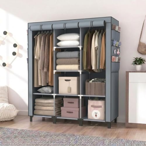 Portable Non-Woven Fabric Wardrobe, 2 Hanging Rods & Multi Tier Storage Shelves, 18 Side Pockets Clothes Closet Organizer, 130×45×172cm for Bedroom Dorm Living Room, Gray (Gray) - color: Grey