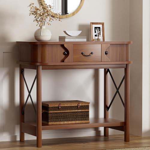 39'' Narrow Console Table, 2-Tier entryway Sofa Table，Walnut | Narrow Console Table with Drawer & Cabinets; Sturdy X-Frame, Slim Wood for Entryway, Hallway, Living Room & Behind Couch - color: Walnut