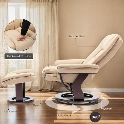 Swivel Recliner Chair with Ottoman Reclining Lounge Sofa Footrest, Set of 2 | 360°Sturdy Wood Base, Soft Faux Leather, Upholstered Ultra-Plush Foam, Modern Armchair, Living Room Bedroom Office Reading - color: Beige, size: Set of 2