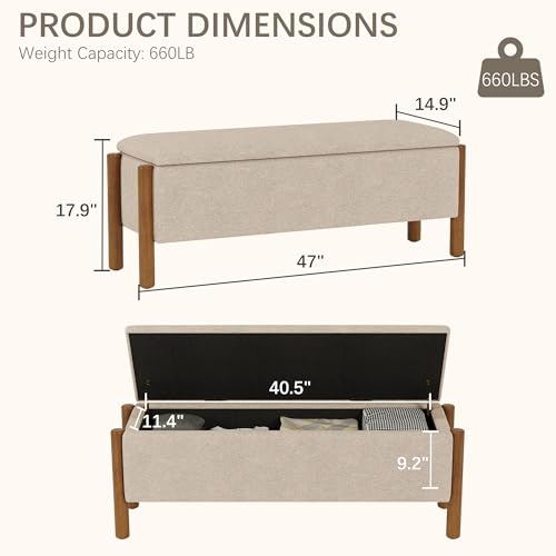 Modern Storage Benches with Walnut Wood Legs, 47'' Ottoman Bench with 20 Gallons Storage Space for Bedroom End of Bed, Fabric Upholstered Entryway Bench with Seating for Livingroom, Beige - color: Beige