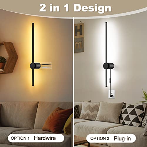 GOODATE Wall Sconces Set of Two with Remote, Stepless Colors 3000K-6500K & Stepless Dimming, Hardwire or Plug-in, 180° Rotate, LED Black Plug in Wall Sconces with Timer & Night Light, 23.6 Inches - color: Black, Stepless Color Temperature: 3000K-6500K, si