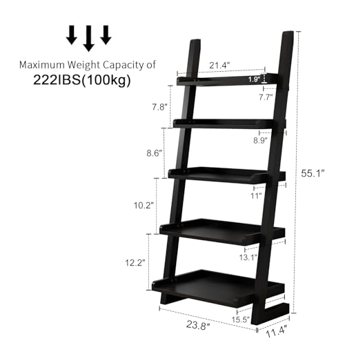 AQIMUELE Black Wooden Ladder Shelf with Edges, 5-Tier Modern Leaning Bookshelf Ladder – Stylish Space-Saving Bookcase for Living Room, Bedroom & Home Office - color: Black