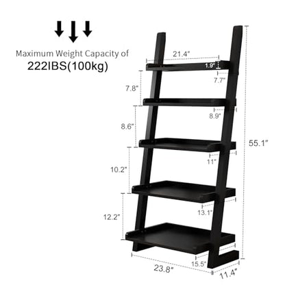 AQIMUELE Black Wooden Ladder Shelf with Edges, 5-Tier Modern Leaning Bookshelf Ladder – Stylish Space-Saving Bookcase for Living Room, Bedroom & Home Office - color: Black