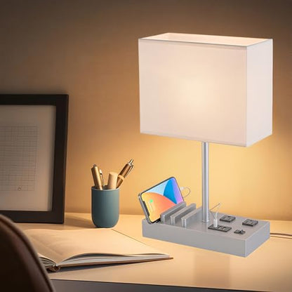 Dreamholder Bedside Table Lamp with 3 USB Charging Ports, 2 AC Outlets and 3 Phone Stands, Modern USB Desk Lamp with Silver Wooden Base