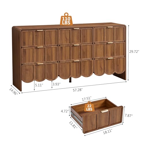 9 Drawer Dresser for Bedroom, Modern Closet Chest of Drawers with Wave Fluted Drawer, Wood Storage Small Dresser Organizer for Nursery Bedroom Living Room Hallway Closet (Walnut) - color: Walnut Scallop 9 Drawer