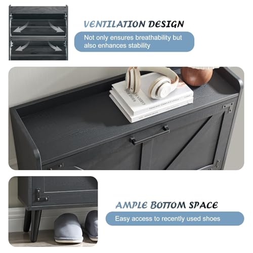 Barnyatoh Shoe Storage Cabinet with 2 Flip Drawers,Hidden Shoe Organizer | Farmhouse Freestanding Narrow Slim Shoes Rack Cabinet with Adjustable Shelves for Entryway Hallway,Black - color: Black