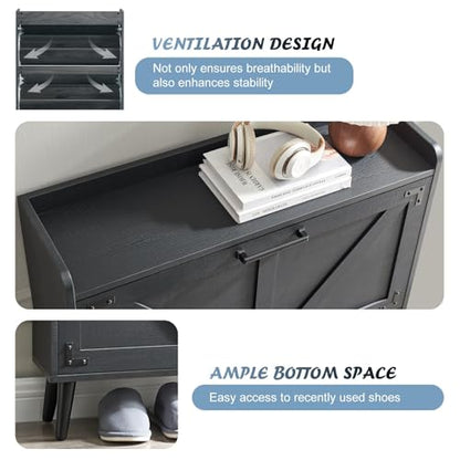 Barnyatoh Shoe Storage Cabinet with 2 Flip Drawers,Hidden Shoe Organizer | Farmhouse Freestanding Narrow Slim Shoes Rack Cabinet with Adjustable Shelves for Entryway Hallway,Black - color: Black